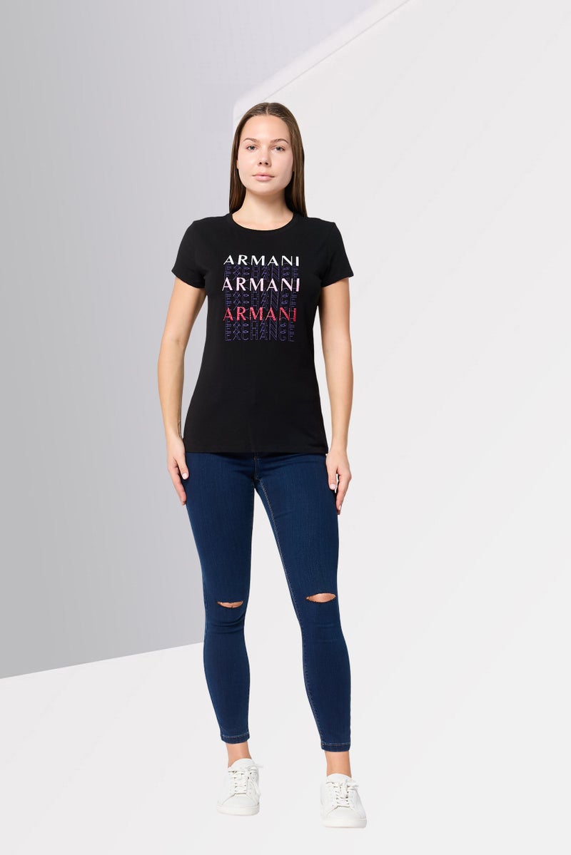 armani AX Armani Exchange Women Crew Neck Short Sleeve Brand Logo T-Shirt, Black - Image 2